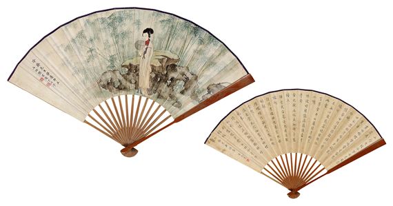 LADY IN THE BAMBOO GROVE AND CALLIGRAPHY IN REGULAR SCRIPT - Fan Xu