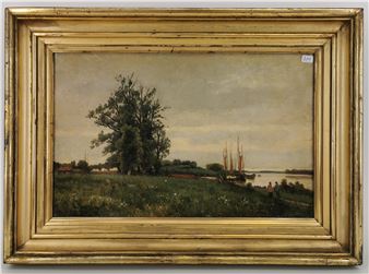 "Flusslandschaft mit Fischerbooten und Spaziergängern" - Walter Moras