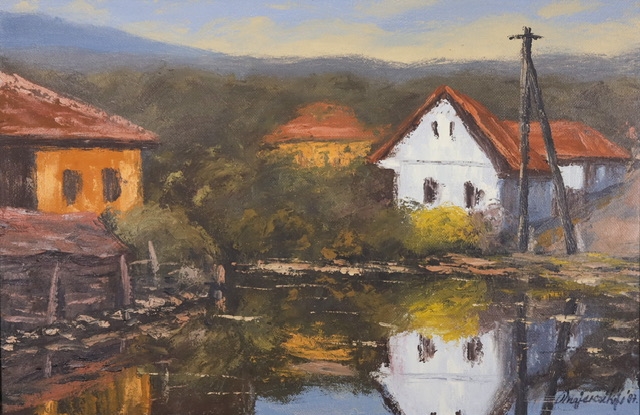 Artwork by János Majercsik, Houses Jósvafő, Made of Oil on wood fiber
