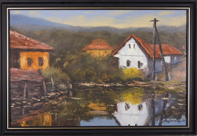 Artwork by János Majercsik, Houses Jósvafő, Made of Oil on wood fiber