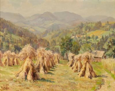 Heumandln in hügeliger Sommerlandschaft by Richard Mahler, 1955