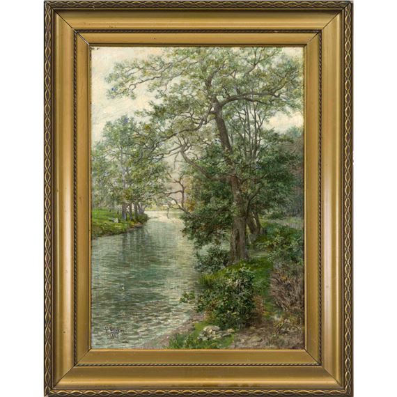 baumbestandenes Flußufer by Paul Franz Flickel, dated 1903