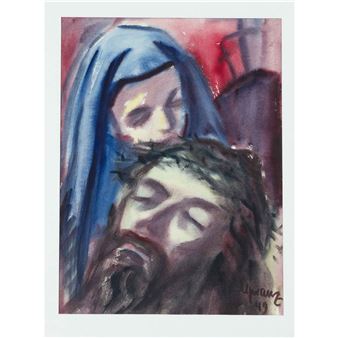Bremen officer who was awarded the Oak Leaves of the Knight's Cross of the Iron Cross before becoming a museum director in Freiburg. From 1947 to 1950 he attended the art academy in Bremen. This expressive watercolor ''Pietá - Bodo Spranz