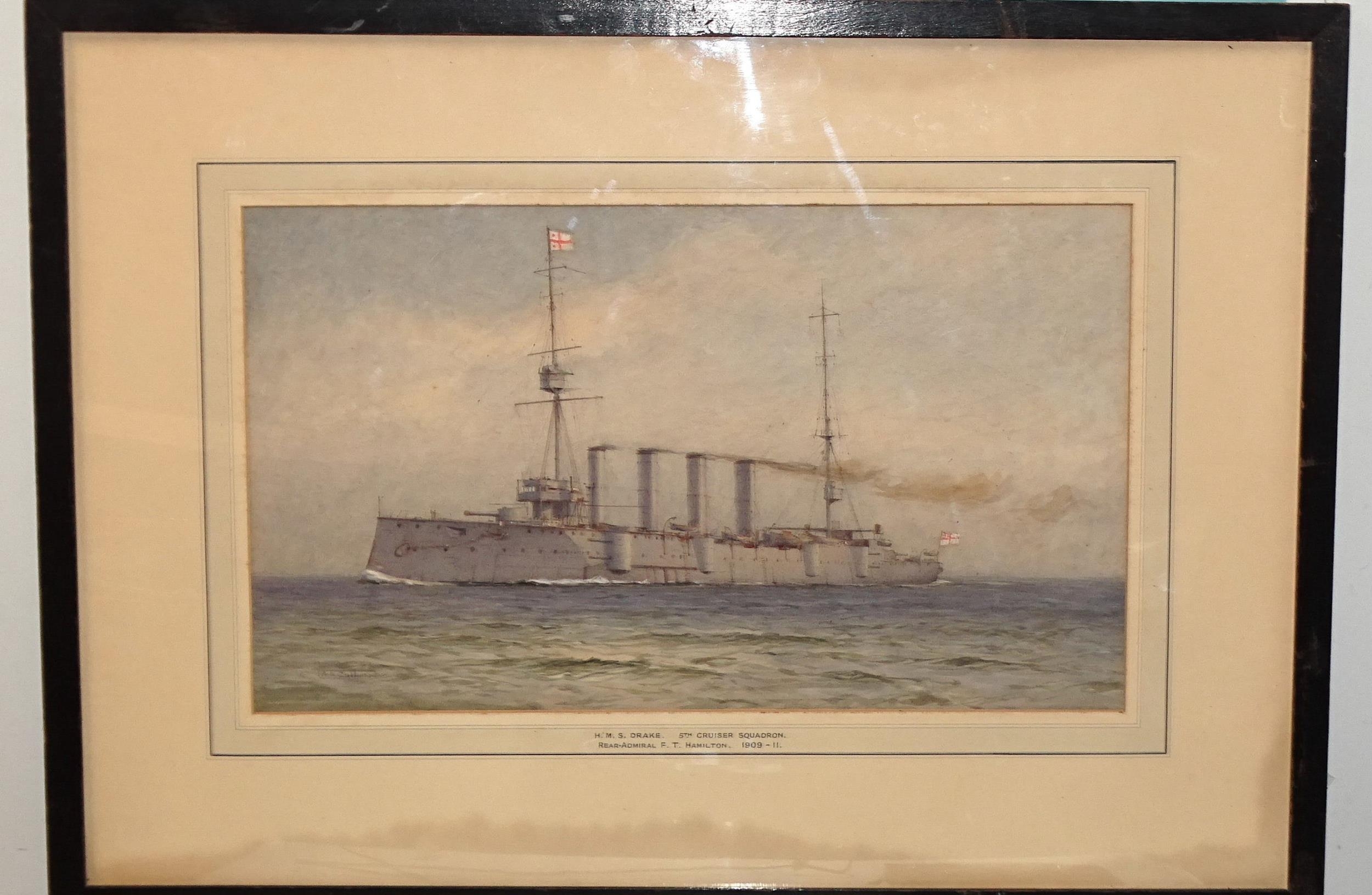 Artwork by Alma Claude Burlton Cull, HMS DRAKE AT SEA, Made of watercolour