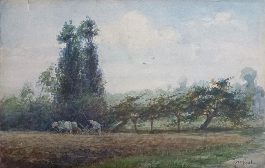 Artwork by Gustave Vient, Landscape with ploughman, Made of Watercolor
