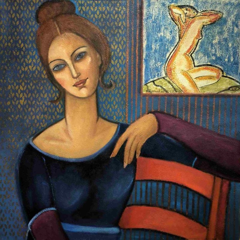 Artwork by Krystyna Ruminkiewicz, Dialogue with Modigliani II, Made of Oil, Canvas