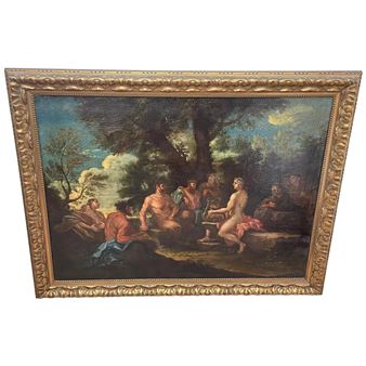 CLASSICAL FIGURES MUSICAL HARP RECITAL WITH SATYRS" OIL PAINTING - Italian School, 18th Century