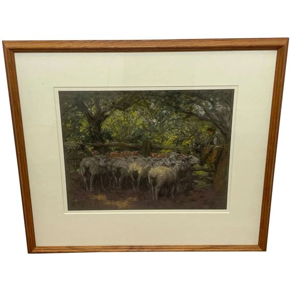 A framed pastoral painting of a flock of sheep in a wooded enclosure.