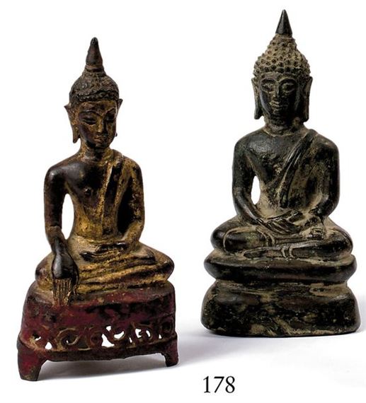 THAILAND - 19th century Two bronze Buddha statuettes, one in dhyana mudra and one gold-lacquered in bhumisparsa mudra on an openwork throne. Height: 17 and 17 cm by Thai School, 19th Century, 19th century
