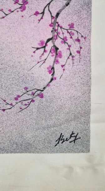 Mathias Becker | Print on silk illustrating two birds flying over a ...