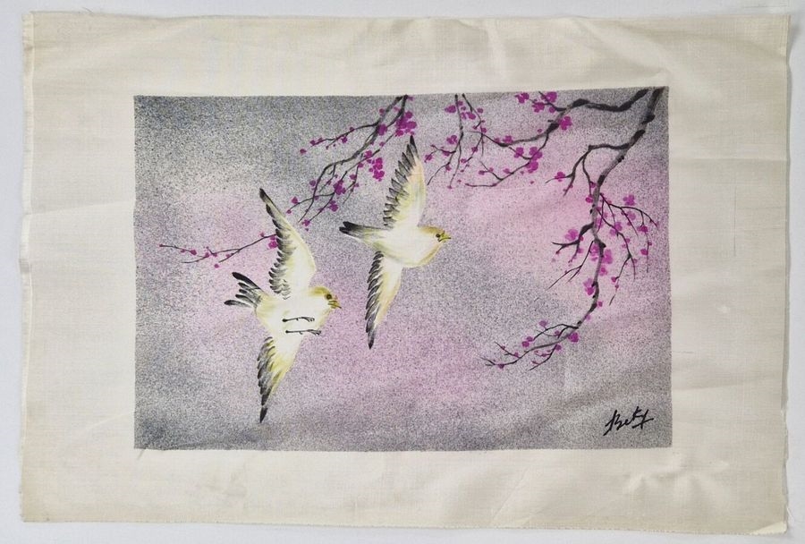 Mathias Becker | Print on silk illustrating two birds flying over a ...