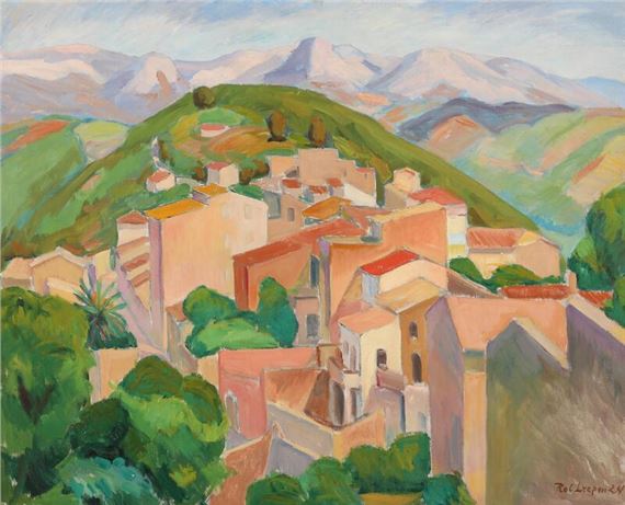 South European mountain scenery with a village in the foreground by Robert Leepin, 1970
