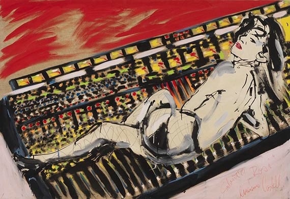 Artwork by Luciano Castelli, - und Salomé, (d. i. Wolfgang Cihlarz, *1954): Rosie auf dem Synthesizer, Made of Acrylic on nettle