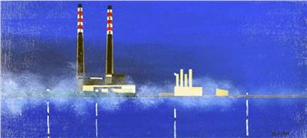 An industrial landscape featuring two tall smokestacks and a factory complex against a deep blue background.
