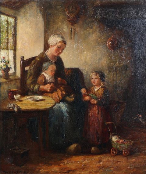 Larens interieur met moeder en kinderen by Martinus Jacobus Nefkens