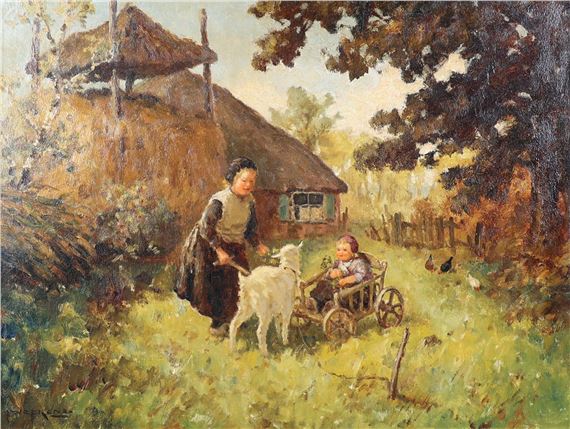 Moeder en kind met geit in de tuin voor boerderij by Martinus Jacobus Nefkens