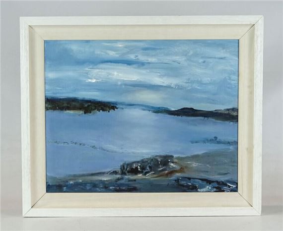 A serene landscape painting of a misty river scene framed in white.