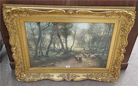 Sheep in a woodland scene by Joseph Farquharson