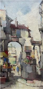 A vibrant watercolor street scene featuring a stone archway and colorful buildings.