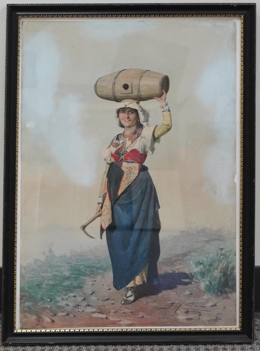 Artwork by Domenico de Angelis, Woman Carrying a Barrel, Made of Watercolor on Paper