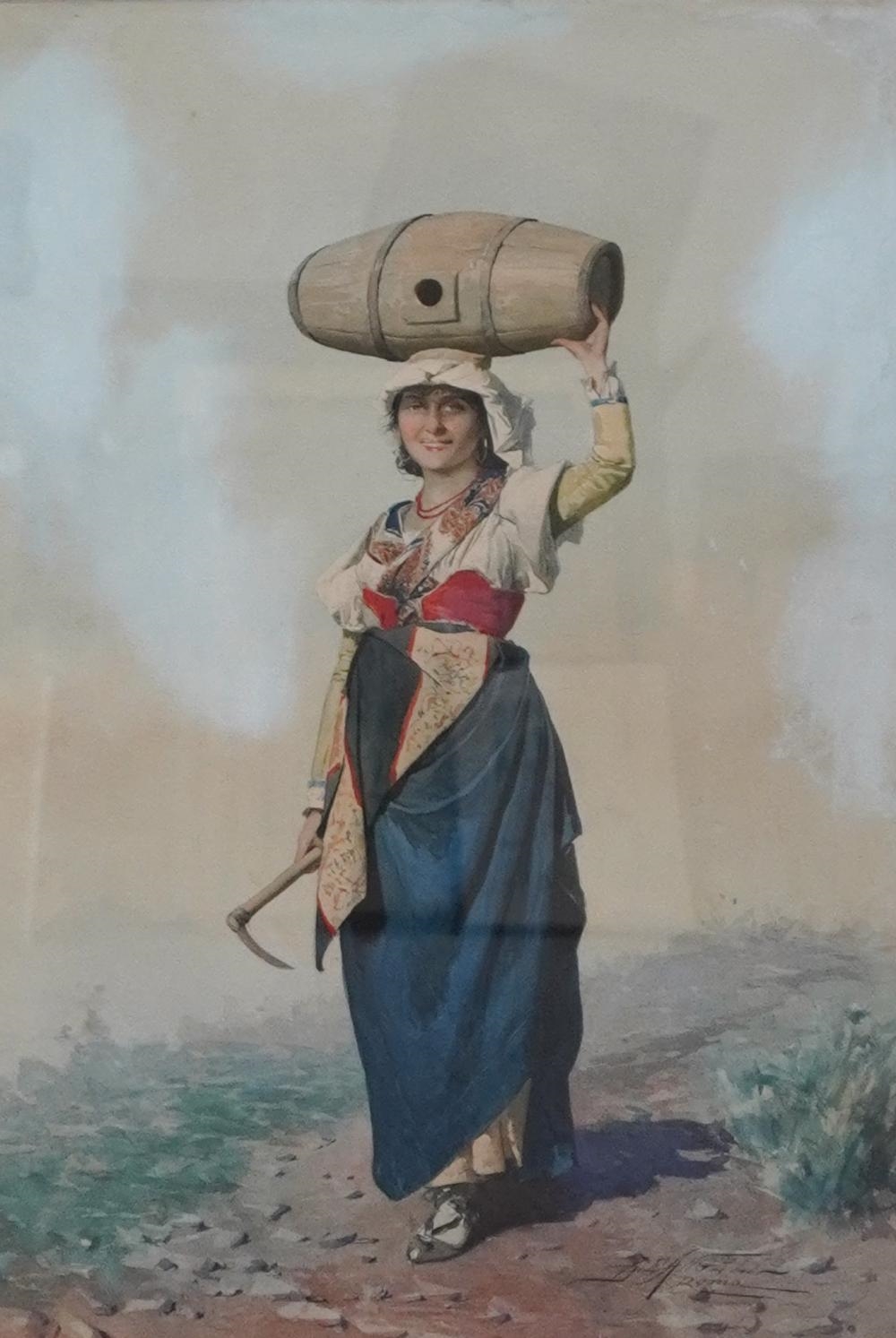 Artwork by Domenico de Angelis, Woman Carrying a Barrel, Made of Watercolor on Paper