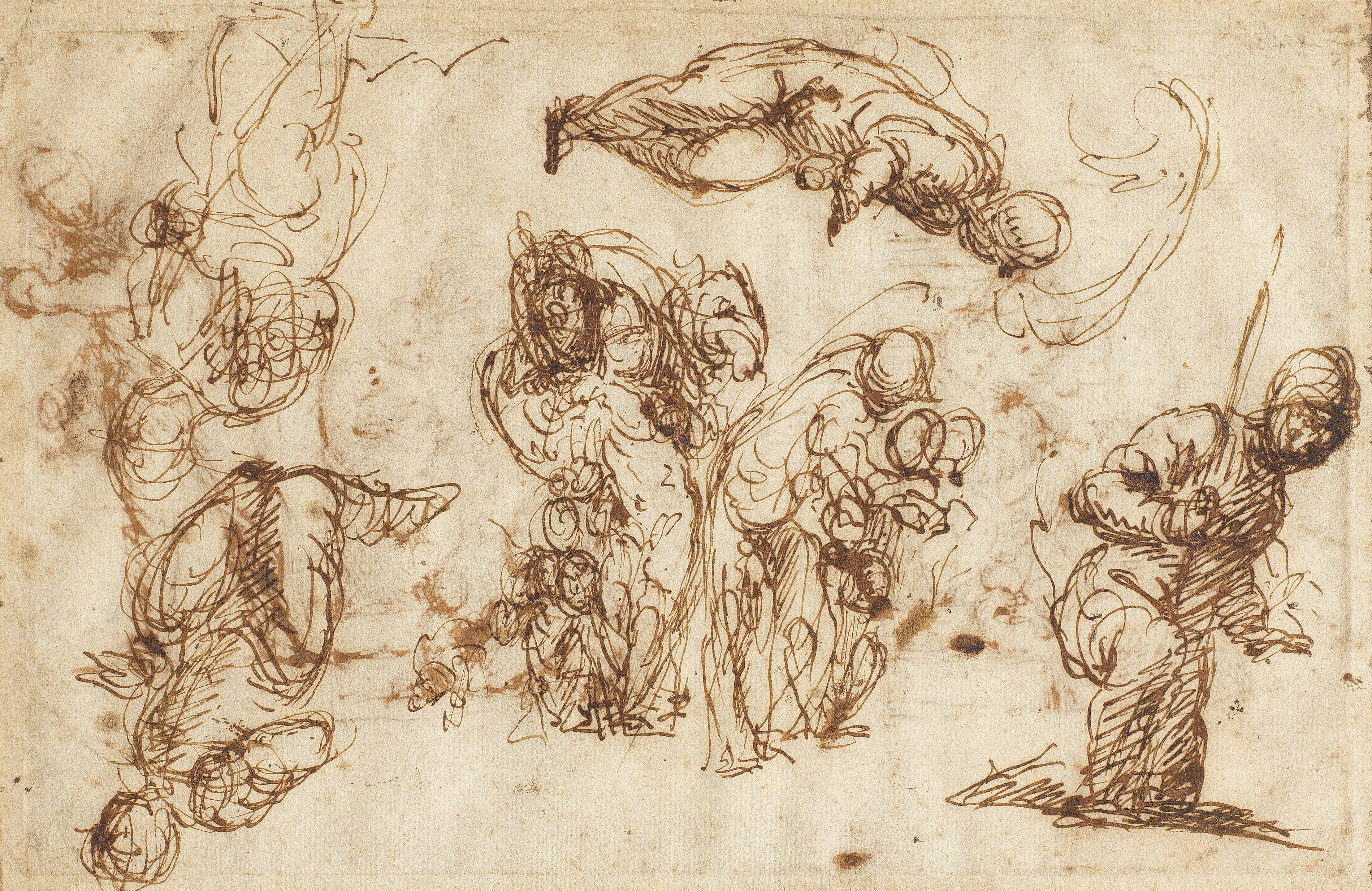 Artwork by Luigi Benfatto, Six studies of various figure groupings ( recto) ; and Two studies of the Madonna and Child and Saint John the Baptist, and a further study of a child ( verso ) unframed, Made of pen and brown ink on laid paper, watermark