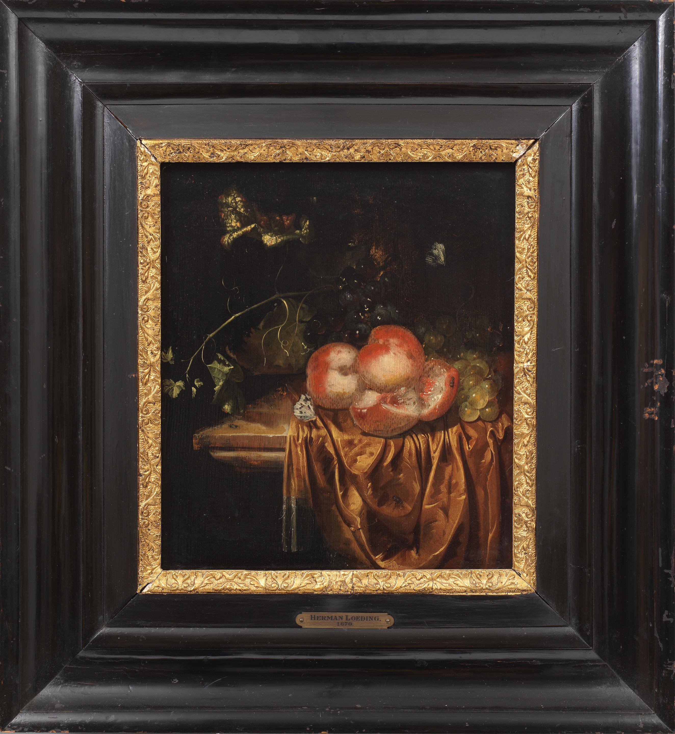Artwork by Harmen Loeding, Still life of peaches and grapes with a roemer on a draped ledge, Made of oil on panel