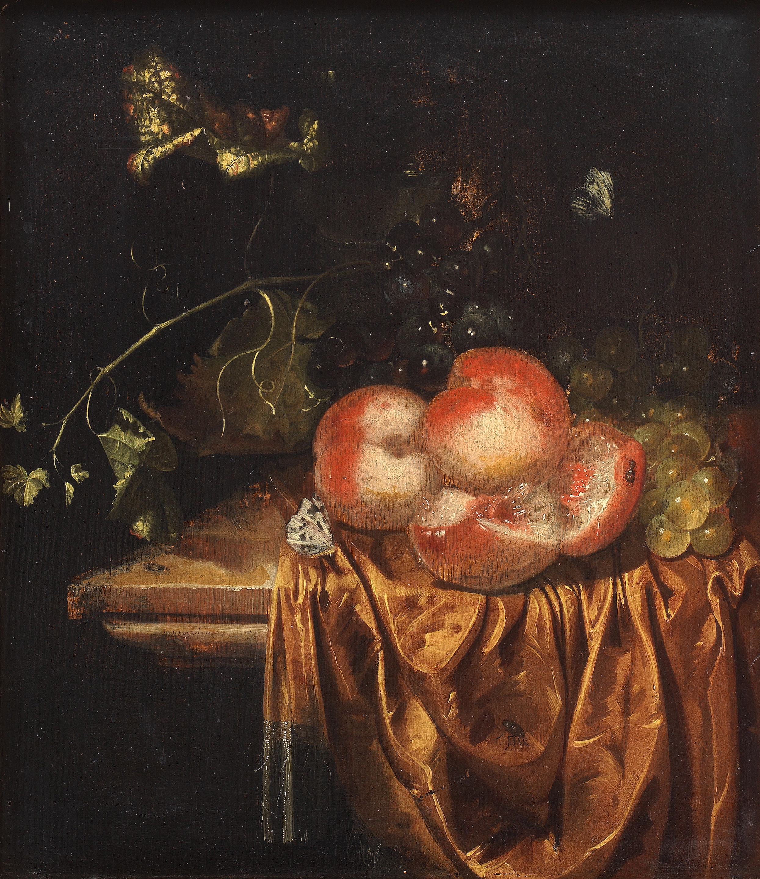 Artwork by Harmen Loeding, Still life of peaches and grapes with a roemer on a draped ledge, Made of oil on panel
