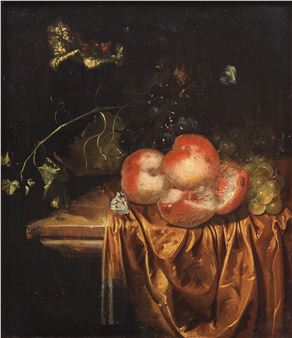 Still life of peaches and grapes with a roemer on a draped ledge - Harmen Loeding