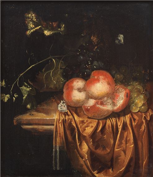 Still life of peaches and grapes with a roemer on a draped ledge - Harmen Loeding