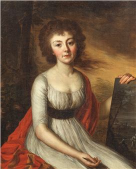 Portrait of a lady, traditionally identified as Marie-Louise Élisabeth Vigée Lebrun, three-quarter length, seated in a landscape and holding an unframed painting - Johannn Georg Weikert