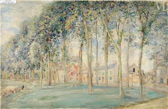 A serene impressionist landscape of a tree-lined avenue with distant buildings under a soft sky.