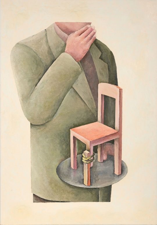 Artwork by Jörg Mandernach, Man with a chair , 1993, Made of hardboard