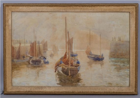 A watercolor seascape depicting several small boats in a calm harbor under a hazy sky.
