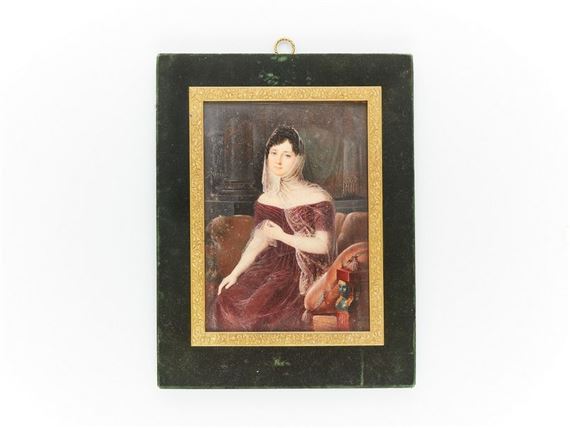 Large rectangular miniature signed lower right "Amélie / Le Duc / Delisa (?)" depicting a young woman seated on a neo-Egyptian empire sofa, wearing a burgundy dress and lace veil - Amélie Le Duc