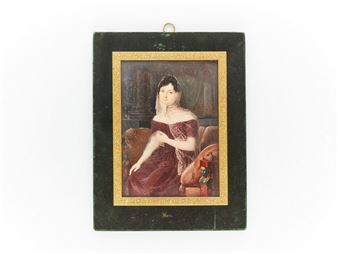 Large rectangular miniature signed lower right "Amélie / Le Duc / Delisa (?)" depicting a young woman seated on a neo-Egyptian empire sofa, wearing a burgundy dress and lace veil - Amélie Le Duc