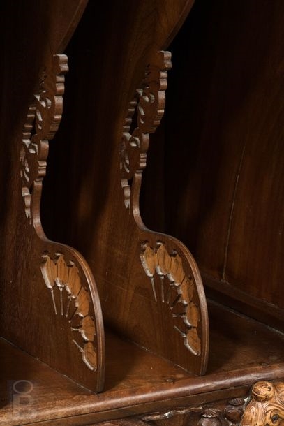 Artwork by René Defland, Score cabinet in  of two young women, Made of carved and molded cherry wood with orange wood decoration