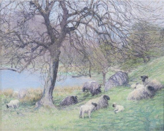 A soft pastel landscape of sheep grazing on a grassy hill beneath bare trees.