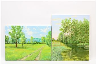 Reunion of two paintings: -Paysage lacustre - André Lagarde