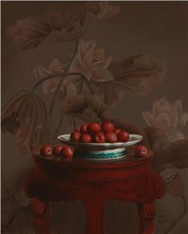Still life of plums in a porcelain bowl on a cinnabar table - Liu Yingzhao