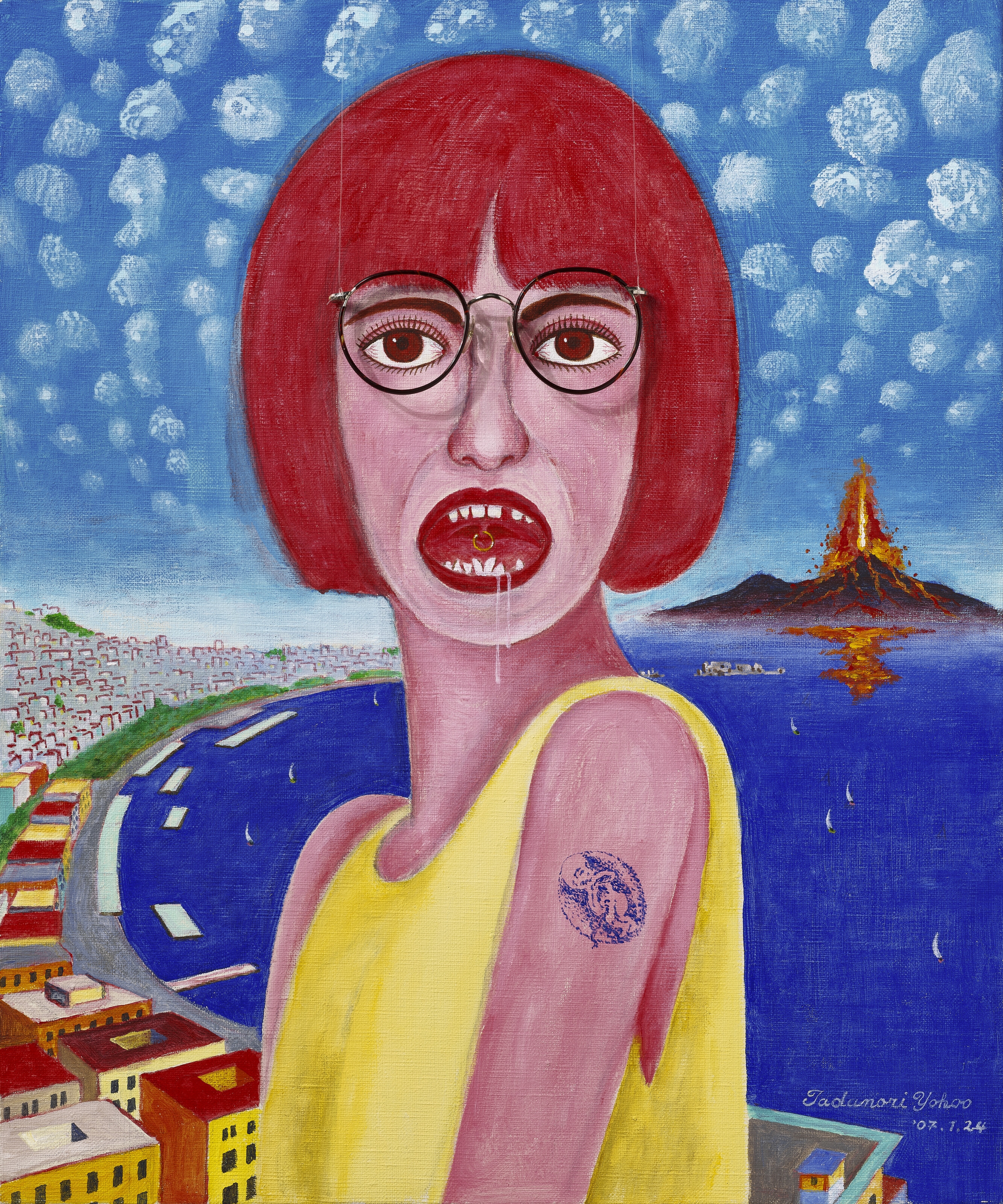 Artwork by Tadanori Yokoo, Reason and Emotion, Made of glasses, fish string, acrylic on canvas