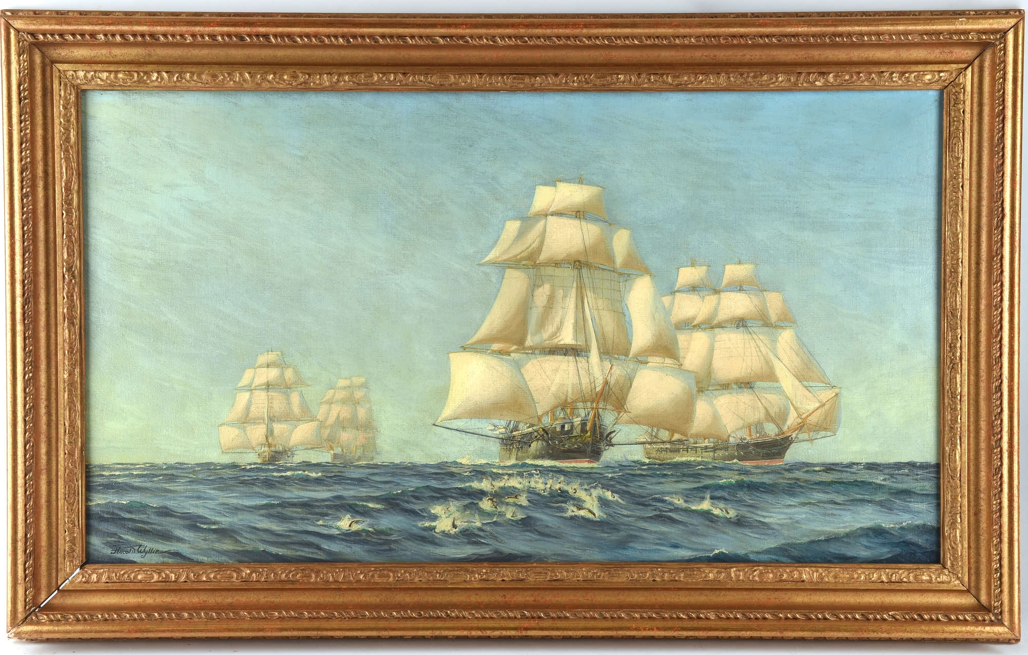 Artwork by Harold Wyllie, H.M.S. Raleigh leading the last Squadron of the Royal Navy ever put to sea under canvas, Made of oil on canvas