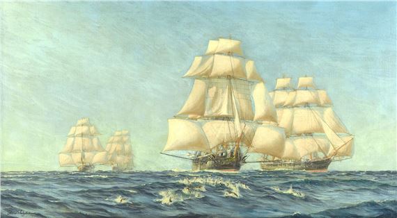 H.M.S. Raleigh leading the last Squadron of the Royal Navy ever put to sea under canvas by Harold Wyllie, 1899