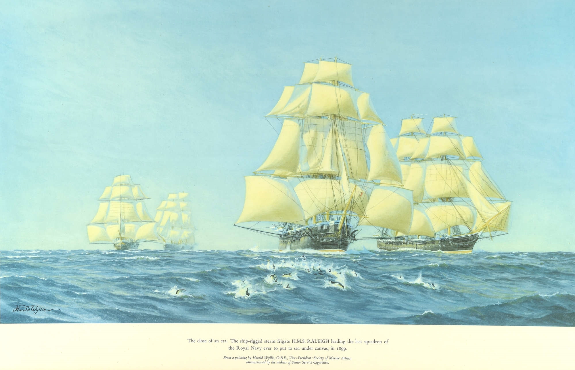 Artwork by Harold Wyllie, H.M.S. Raleigh leading the last Squadron of the Royal Navy ever put to sea under canvas, Made of oil on canvas
