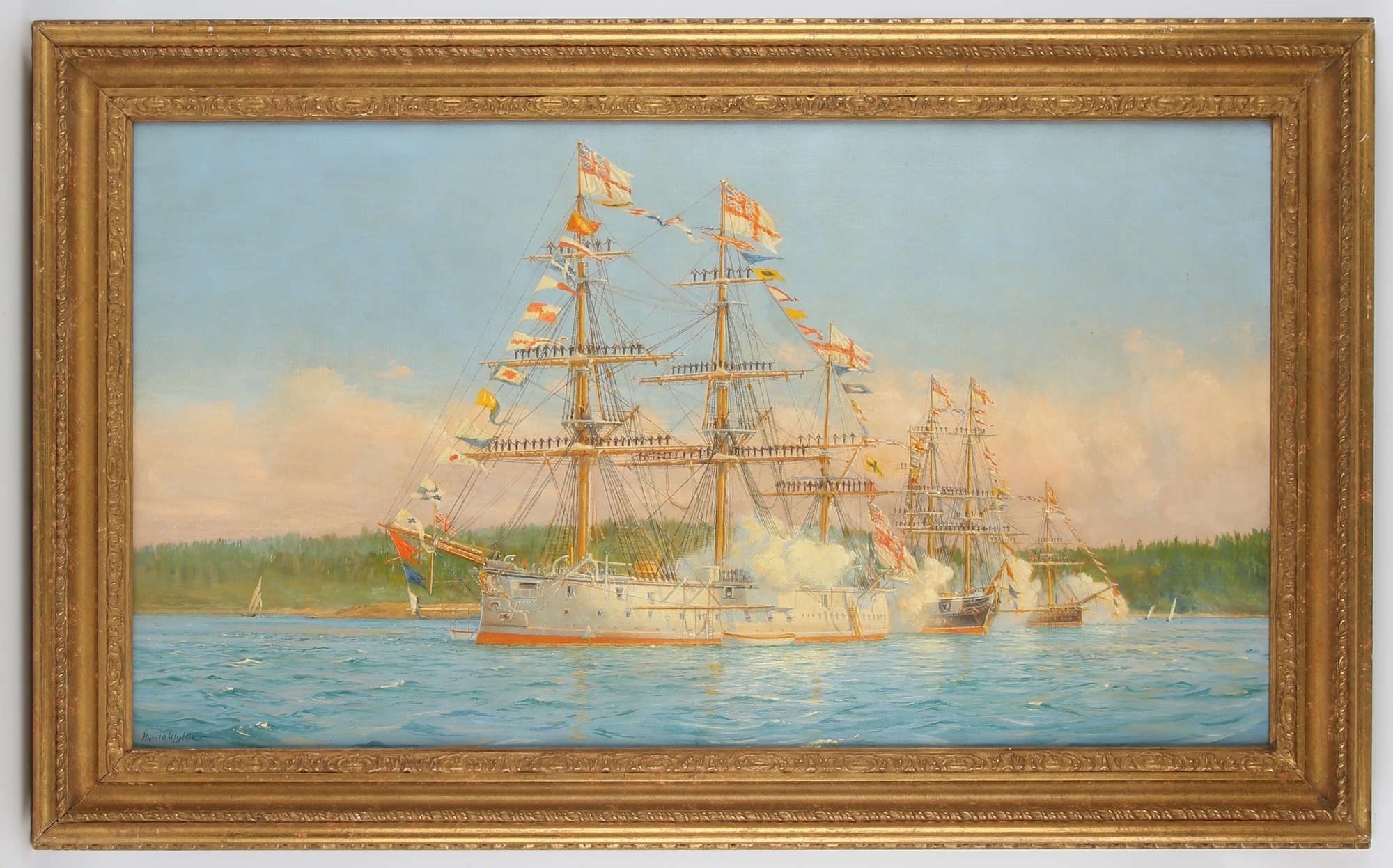 Artwork by Harold Wyllie, § Harold Wyllie (British 1880-1973). H.M.S. Spitfire 1870, Made of oil on canvas