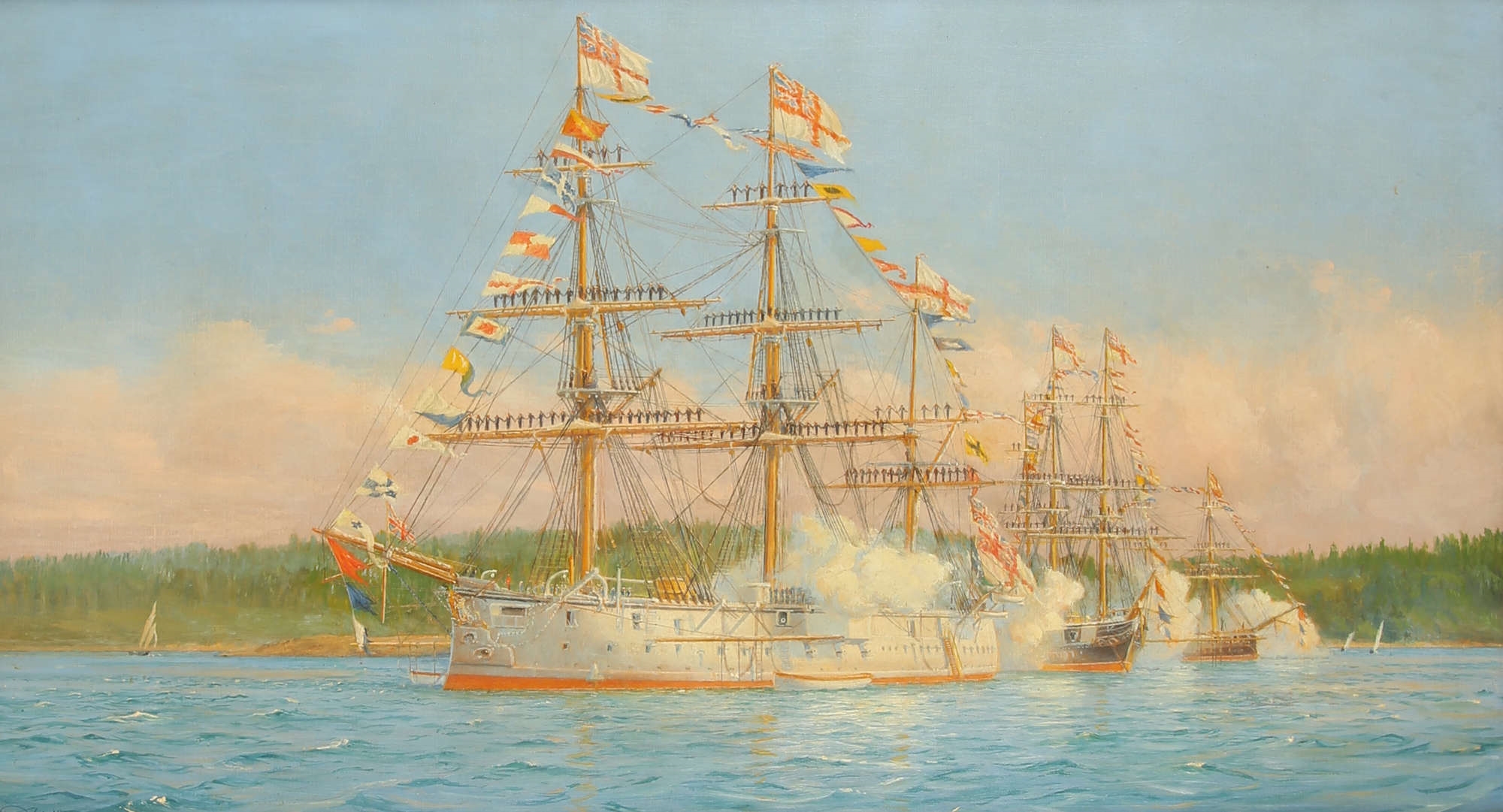 Artwork by Harold Wyllie, § Harold Wyllie (British 1880-1973). H.M.S. Spitfire 1870, Made of oil on canvas