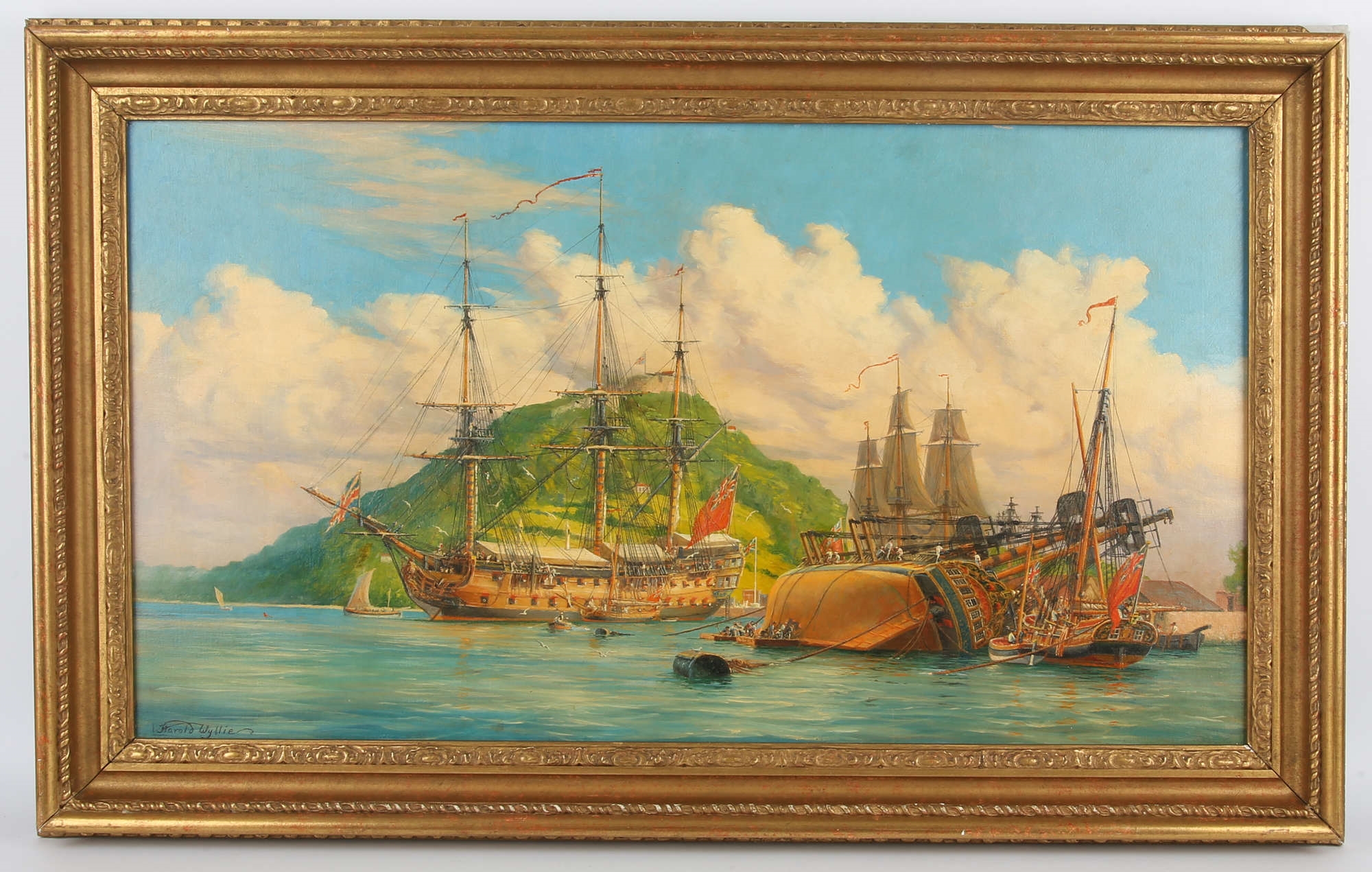 Artwork by Harold Wyllie, H.M.S. Albion in English Harbour, Made of oil on canvas