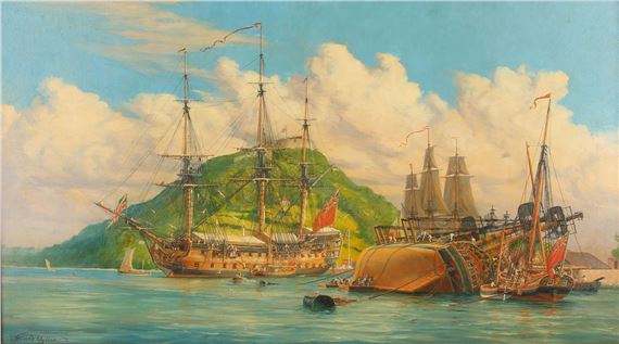 H.M.S. Albion in English Harbour by Harold Wyllie
