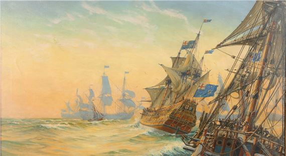 H.M.S. Vanguard heaving to at sunset after the Battle of Texel 1653