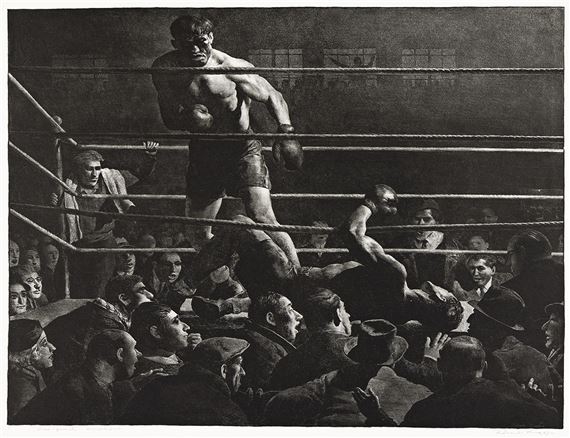 A dramatic black-and-white print capturing a tense boxing match in an underground ring.